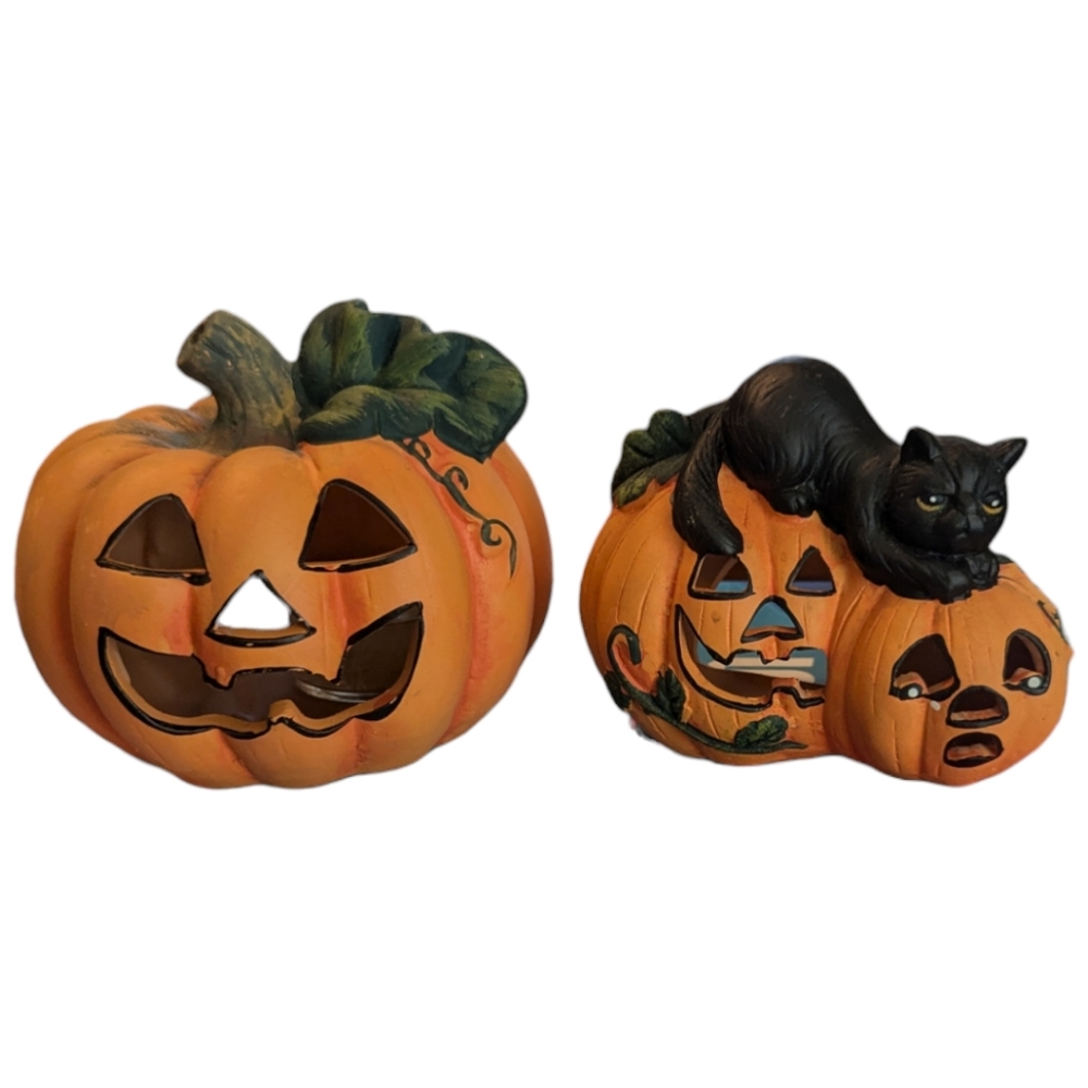Vintage Pair Studio 33 Chalkware Pumpkin Black Cat Halloween Candle Holders
